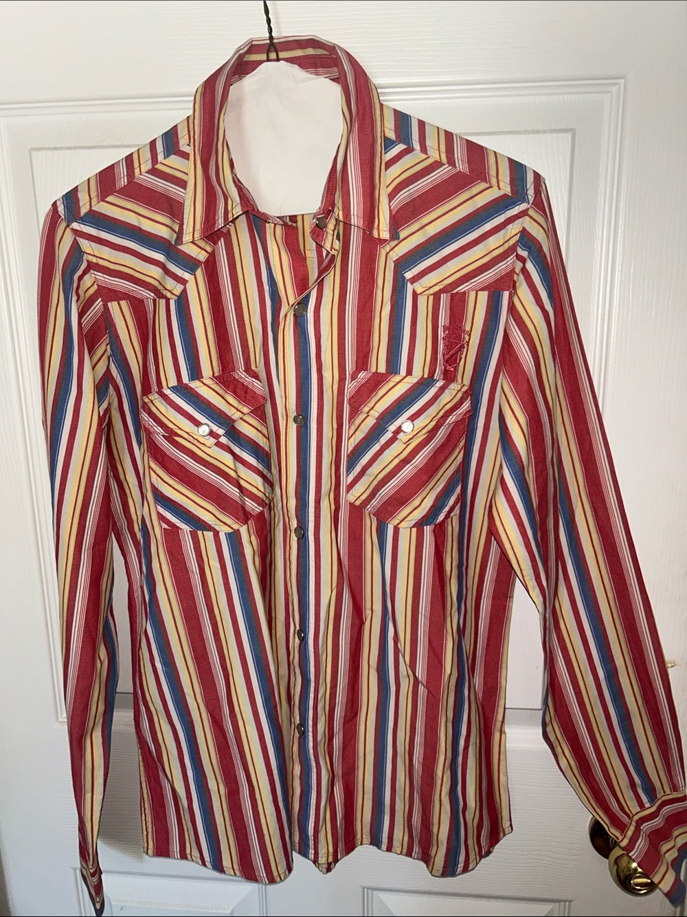 Pepe Jeans Red Multi-Stripe Button-Down Shirt pearl buttons .